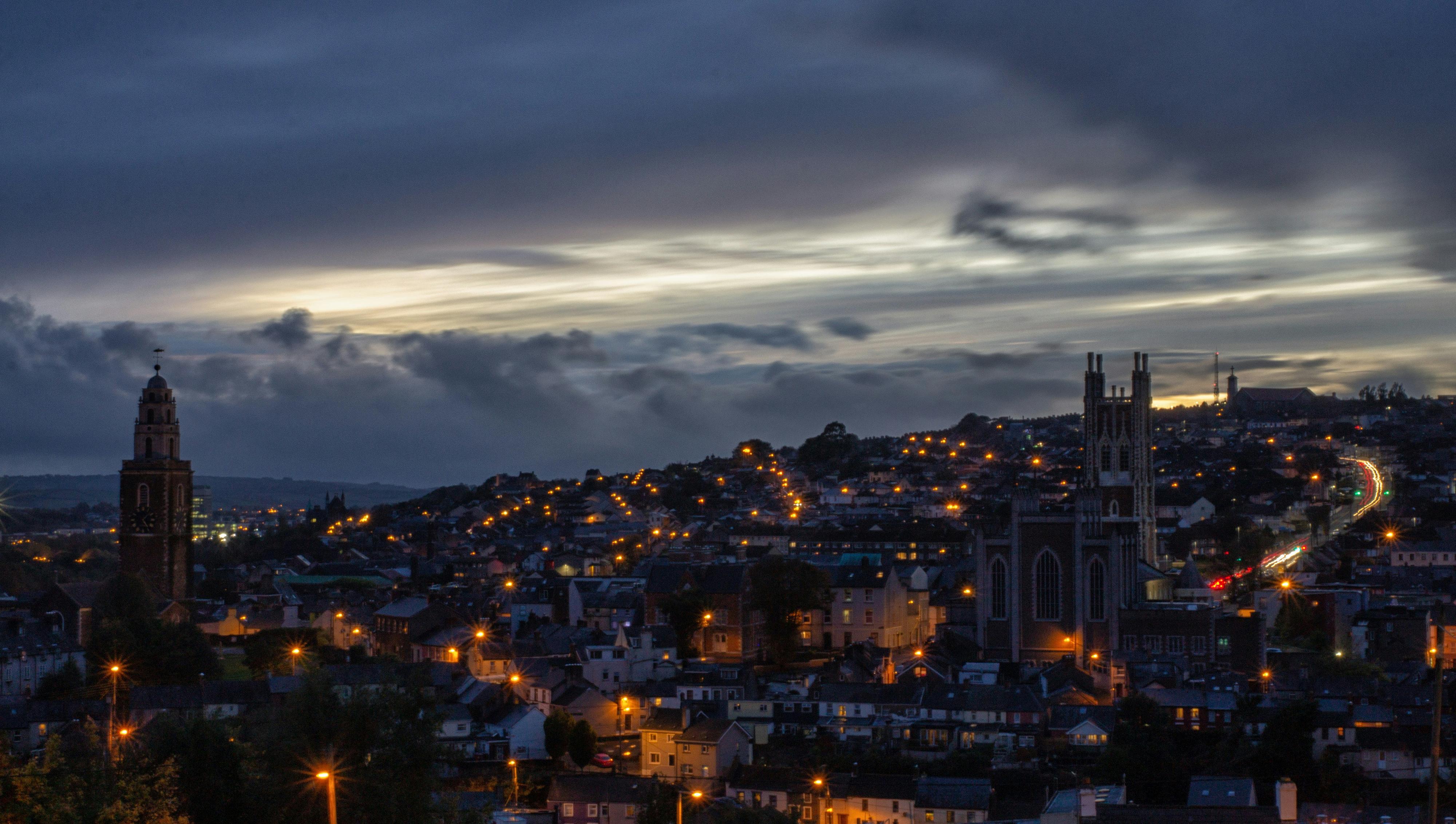 View of Cork City's skyline at night.