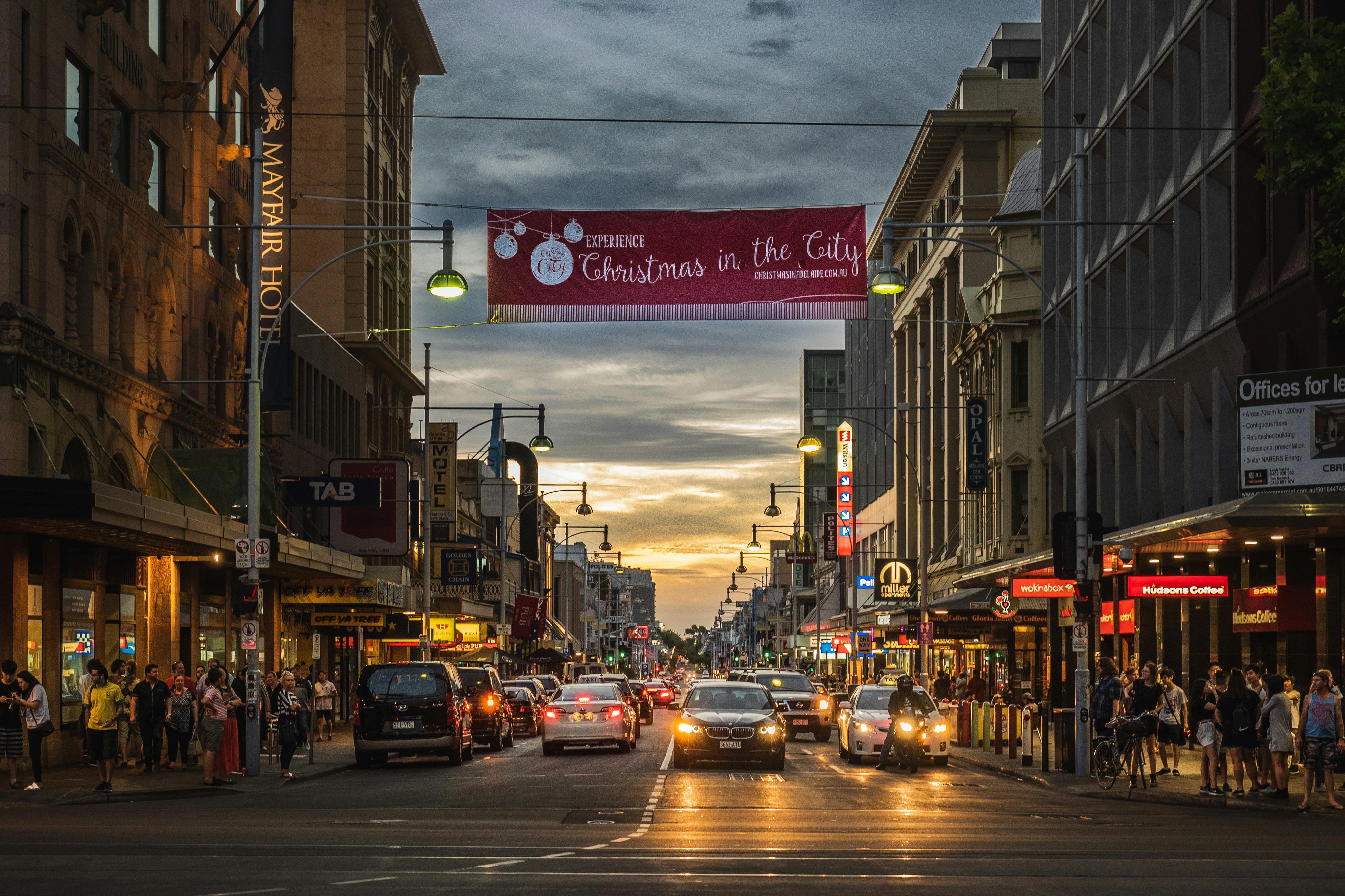The sun setting on Rundle Mall, Adelaide.