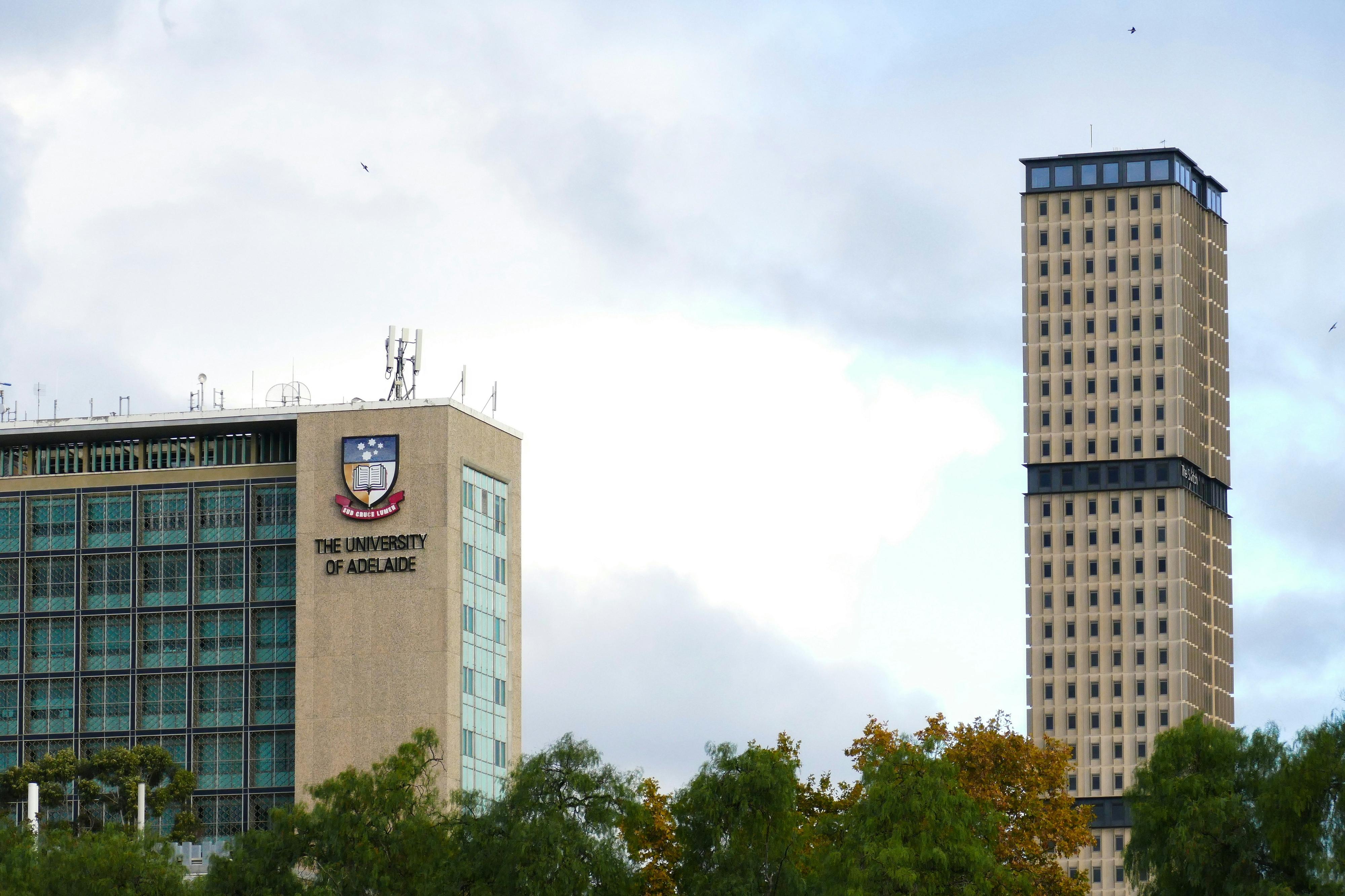 Two buildings towering over the University of Adelaide campus.