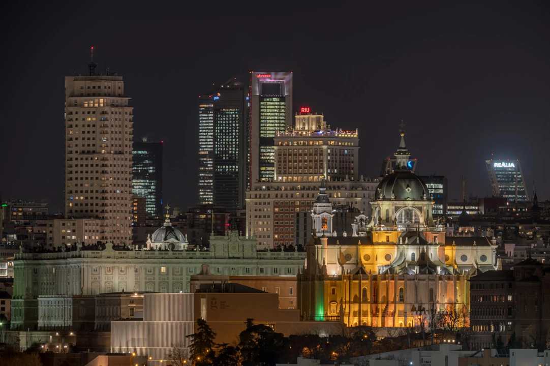 A view of Madrid's skyline at night