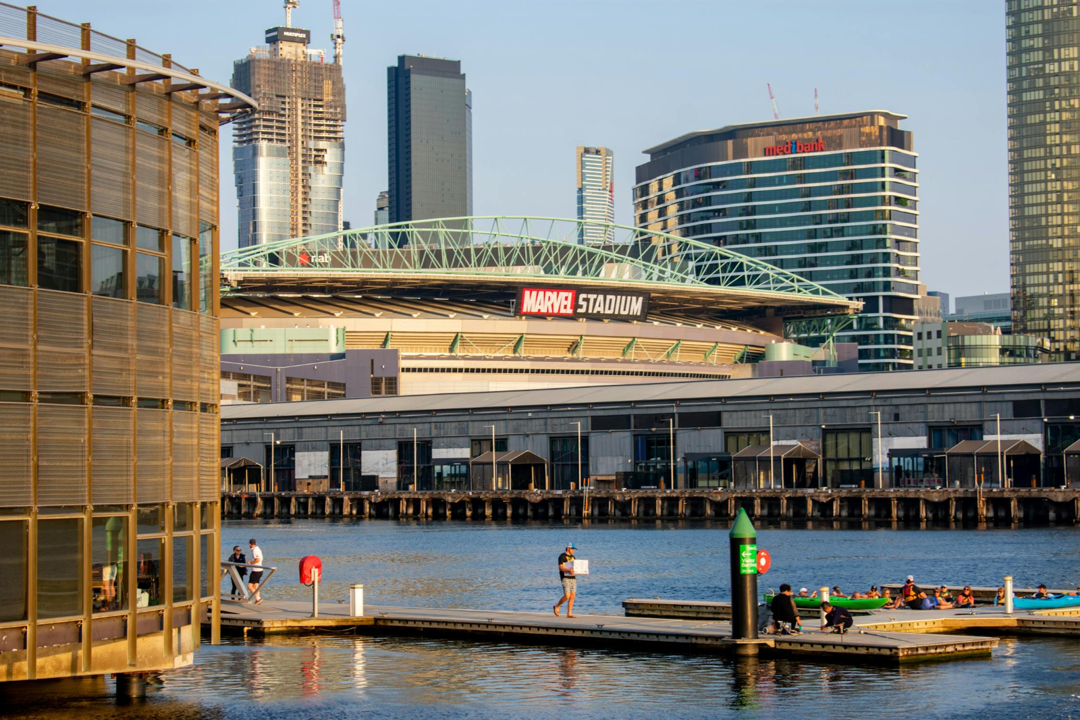 A view of Melbourne's Marvel Stadium from across the Yarra River