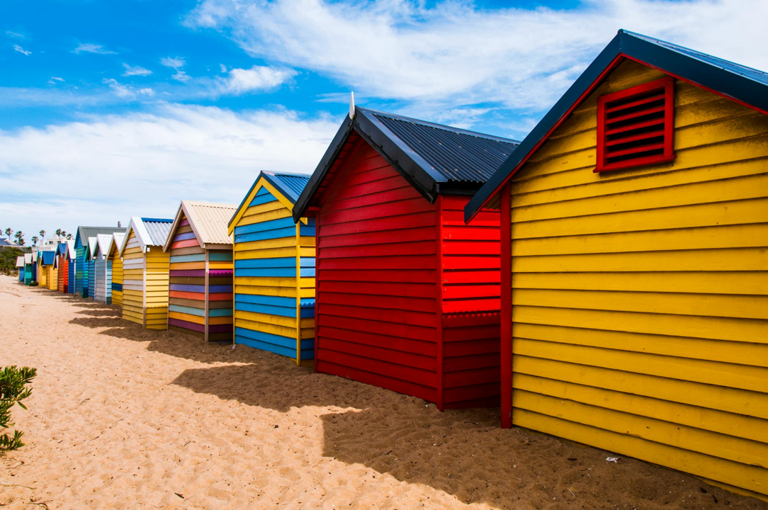 The iconic bathing boxes at Brighton Beach, Melbourne