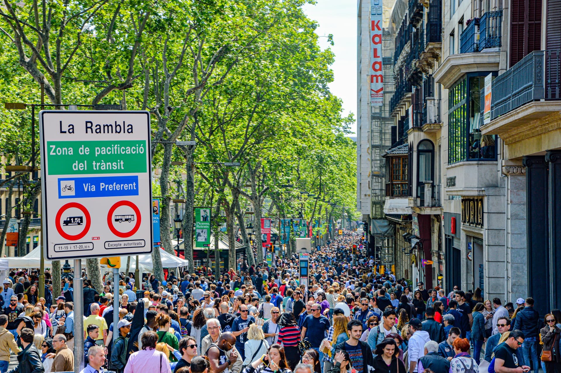 La Rambla packed with pedestrians during the day.