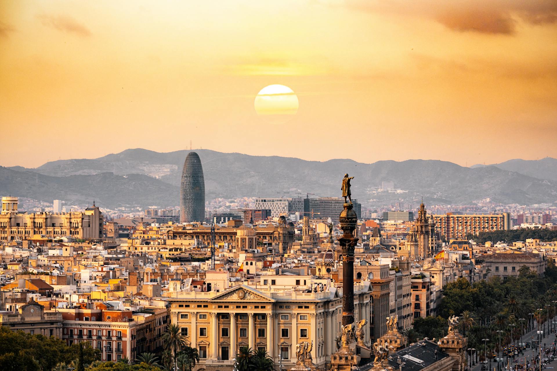 Skyline view of Barcelona at sunrise.